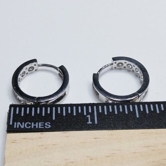 Silver 925 Hoop Post Earrings, Clear Rhinestones, 3/4 Inch - Picture 8 of 10